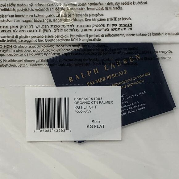 Ralph Lauren Organic Cotton Percale Palmer King Flat Sheet White Polo Navy New - Picture 2 of 10